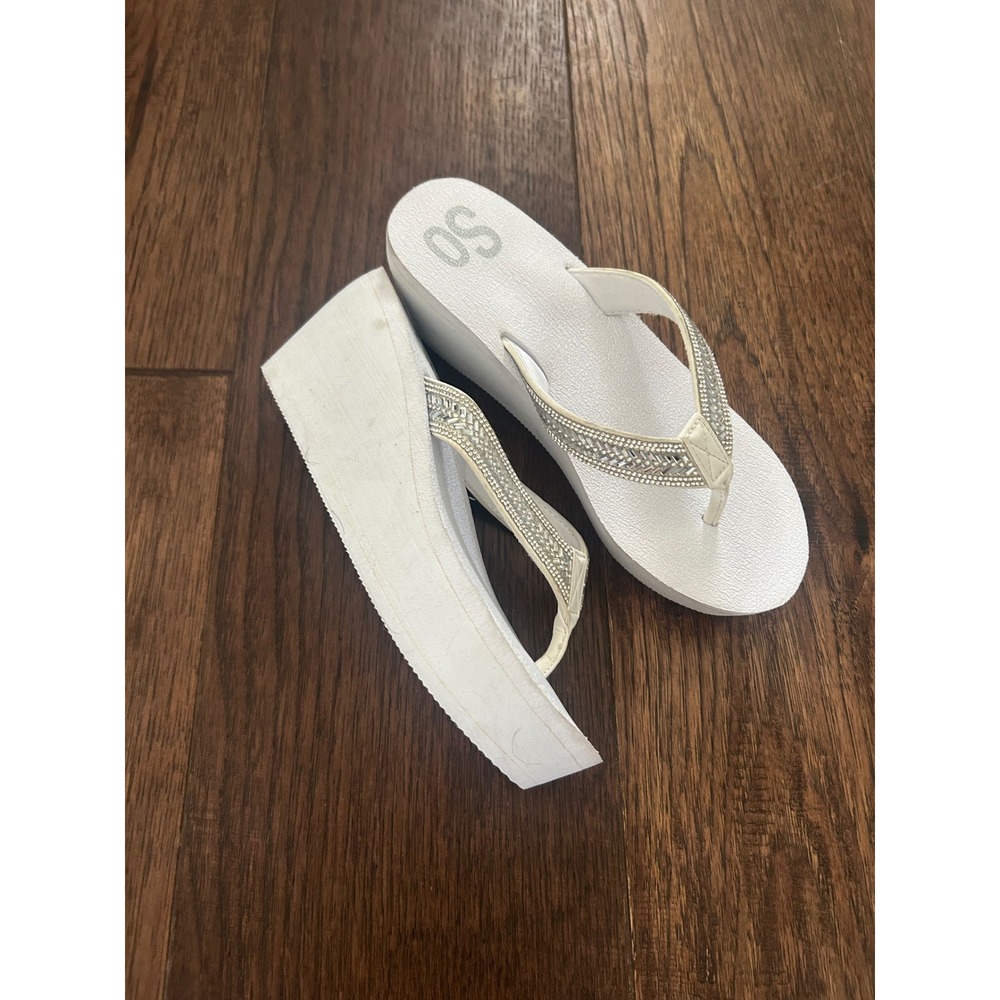 Y2K SO White Wedge Flip Flops Rhinestone Embellished Platform Thong Sandals 3 in